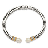 Couture Sterling Silver with 14K Accent Antiqued Freshwater Cultured Pearl and Diamond Hinged Cuff Bracelet
